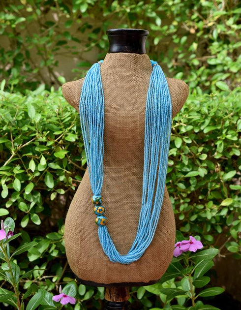 Blue Pottery Three Bead Side Necklace In Turquoise